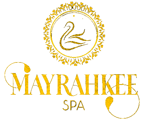 Mayrahkee Spa logo with stylized swan icon and decorative golden frame.
