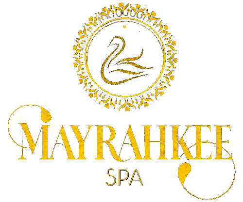 Mayrahkee Spa logo with stylized swan icon and decorative golden frame.